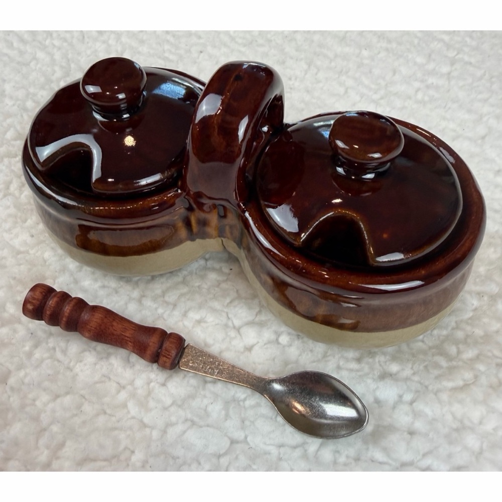 (VTG) Brown/Tan Ceramic Double Condiment Caddy Dish with Spoon - Picture 3 of 15